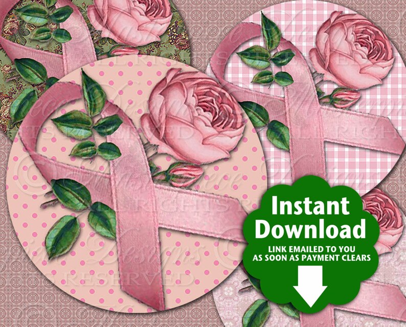 Ribbons and Roses / Breast Cancer Awareness / Pink Ribbons Printable INSTANT DOWNLOAD 4 Inch Round Designs Digital JPG Collage Sheet image 1