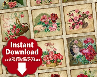 Antique Roses / Flowers / Garden / Vintage Designs - Printable INSTANT DOWNLOAD 1x1 Inch Square Tiles Digital JPG Collage Sheet