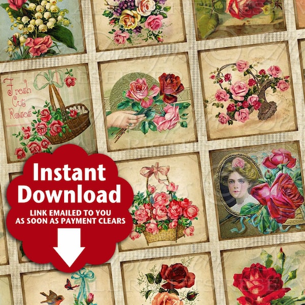 Antique Roses / Flowers / Garden / Vintage Designs - Printable INSTANT DOWNLOAD 1x1 Inch Square Tiles Digital JPG Collage Sheet