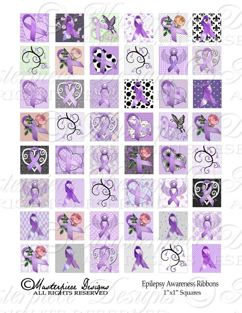 Epilepsy Awareness Printable Squares / Purple Ribbons / Lupus / Lavender / Hearts / Flowers DOWNLOAD One Inch Squares Digital JPG Collage image 2