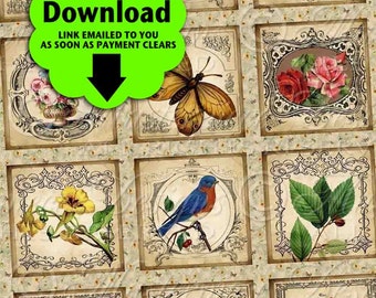 Vintage Garden Printable Squares / Flowers / Floral / Birds / Butterflies / Gardening / Spring - Printable DOWNLOAD 1x1 Inch Squares Digital