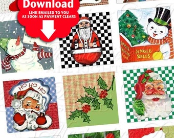 Retro Christmas / Vintage Santas / Snowmen / Stockings - Printable INSTANT DOWNLOAD 1x1 Inch Square Tiles Digital JPG Collage Sheet