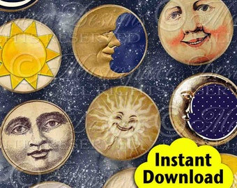 Moon, Sun and Stars Printable Hang Tags / Astronomy / Labels  - Printable INSTANT DOWNLOAD 2 Inch Round Designs Digital JPG Collage Sheet