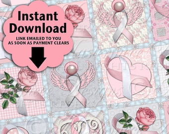 Miscarriage / Infancy Loss / Blue and Pink Ribbons Roses Hearts - Printable INSTANT DOWNLOAD 1x1 Inch Square Tiles Digital JPG Collage Sheet