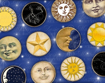 Sun Moon and Stars Printables / Astronomy / Celestial / Hang Tags / Labels - Printable DOWNLOAD 1.5 Inch Round Designs JPG Collage Sheet