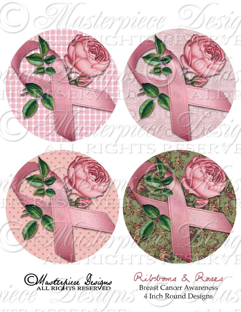 Ribbons and Roses / Breast Cancer Awareness / Pink Ribbons Printable INSTANT DOWNLOAD 4 Inch Round Designs Digital JPG Collage Sheet image 2