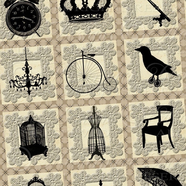 Silhouettes d'Objets - 1x1 Inch Square Tiles Digital JPG Collage Sheet