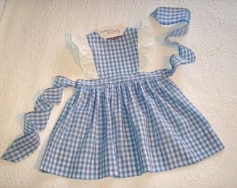 RTS size 4T and size 5 Blue Gingham Pinafore Jumper Dresses with eyelet ruffles. Ready to ship.