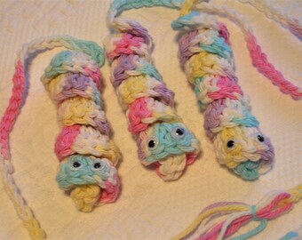 Ready to Ship 4 Crocheted Bookworms, with wiggly eyes.  Color choice.   For readers of All Ages,  size approximately 15" long.