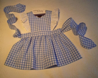 Dorothy Dress.  12 month, 1T   RTS Blue gingham pinafore jumper dress with eyelet ruffles. Party dress, blue check dress.  Made in USA.