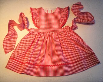 Size 3T Ready to Ship Red Gingham Pinafore Dress or Jumper with flutter sleeves.  Trimmed in red rick rack.