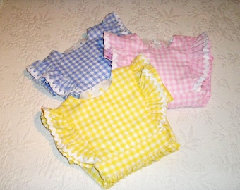 Gingham Pinafore Dress with rick rack trim in sizes 12 months to 6.  Made to Order.  Color choices. Checked dress with white rick rack.