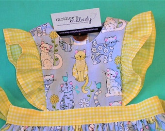 Kitty Cat Party Pinafore Dress Size 24 months 2T.  Yellow gingham and kittens on pinafore jumper dress.    Ready to Ship.