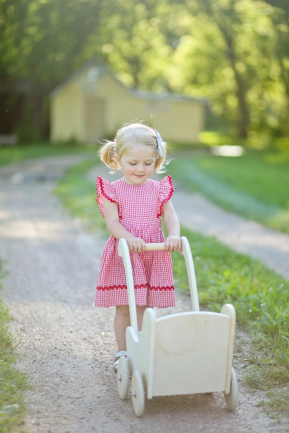 red gingham pinafore dress Red Gingham Pinafore Dress or Jumper With Flutter Sleeves. Made to Order in  Sizes 2, 3, 4, and 5. Trimmed in Red Rick Rack