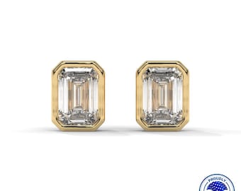 Bezel Setting, 1 CTW Emerald Lab Grown Diamond Stud Earrings | Solid Gold
