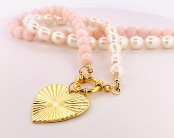 Freshwater Pearl & Pink Opal Necklace with Gold Heart Charm | 28" Statement Necklace