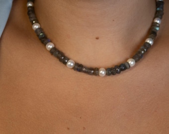 Labradorite & Freshwater Pearl Necklace: Sterling Silver Clasp