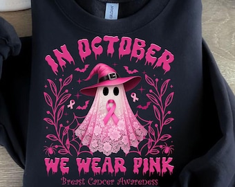 10月はピンクの服を着ようPNG、乳がん啓発PNG、ハロウィンゴーストデザイン、ハロウィンピンクPNG、乳がんシャツ、デジタルダウンロード