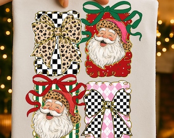 Preppy Santa Claus PNG: Coquette Christmas Bow Sublimation Design (Digital Download)