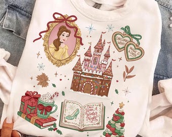 Princesa navideña vintage PNG: Cuento de hadas navideño PNG, La Bella y la Bestia, Cuento tan antiguo como el tiempo PNG, Descarga digital
