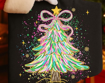 Colorful Christmas Tree PNG: Christmas Png Design, Coquette Bow Png, Brushstroke Christmas Png, Trendy Splater Png