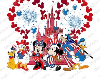 Feliz 4 de Julio (Png), Ratón y amigos, Fuegos artificiales de castillo (sublimación), Viaje del Día de la Independencia (Png), Rojo, Blanco y Azul (Png), Camiseta infantil estadounidense