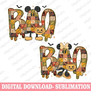 Pode incluir: Dois designs com tema de Halloween com a palavra "BOO" em estilo patchwork com personagens Mickey e Minnie Mouse. Cada design inclui uma abóbora e morcegos. O texto "DIGITAL DOWNLOAD - SUBLIMATION" está na parte inferior.