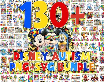 May include: A colorful digital art bundle featuring Disney characters and autism awareness themes. The image includes Mickey Mouse, Minnie Mouse, and Pluto, along with the text "Disney Autism PNG+SVG Bundle" and the number "130+".