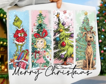 May include: White Christmas-themed fabric featuring four panels with cartoon characters and Christmas trees. The Grinch, Cindy Lou Who, a decorated tree, and a dog with antlers are depicted. The words "Merry Christmas" are written across the bottom.