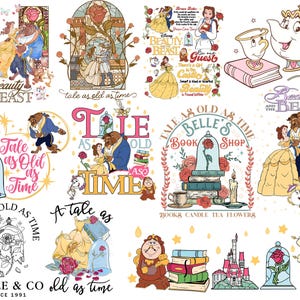 Puede incluir: Un collage de imágenes con personajes y escenas de la película de Disney La Bella y la Bestia. Las imágenes incluyen a Bella, la Bestia, la rosa encantada y el castillo. El texto "Tale as old as time" aparece varias veces en el collage.