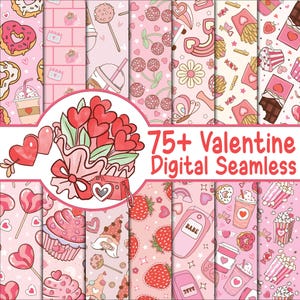 May include: A collection of pink Valentine's Day digital seamless patterns. The patterns feature hearts, sweets, and other romantic elements. The image includes the text "75+ Valentine Digital Seamless".