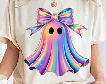 Iridescent Ghost Png, Neon Halloween Png, Cute Boo Ghost Coquette Png, Colorful Halloween Png, Spooky Season Png,Trendy Neon Halloween Shirt