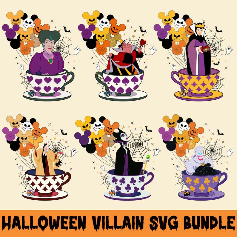 Pu&ograve; includere: Illustrazione digitale di sei cattivi Disney in tazze da t&egrave;, con decorazioni di Halloween. Ogni tazza da t&egrave; ha un design unico. L'immagine include il testo "HALLOWEEN VILLAIN SVG BUNDLE" in arancione.