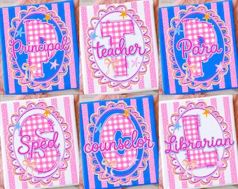 Preppy Teacher Monogram PNG Bundle, Cute Coquette School Staff Sublimation, Retro Pink Gingham Principal Counselor Librarian Craft File