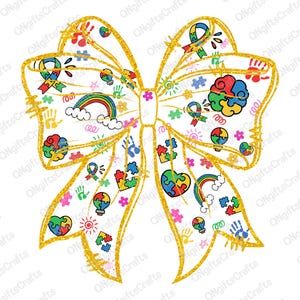 May include: A decorative bow with a gold glitter outline, featuring colorful autism awareness symbols. The bow is adorned with puzzle pieces, ribbons, handprints, rainbows, and flowers, all set against a white background.