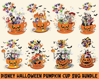 Halloween Characters With Pumpkin Cup Svg, Halloween Svg, Trick Or Treat Svg, Mouse and Friends, Nightmare Halloween Svg, Halloween Shirt
