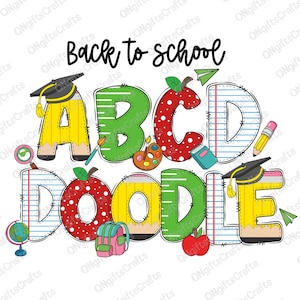 Pacote de alfabeto escolar em PNG, letras fofas do alfabeto escolar em PNG, professor e aluno no primeiro dia em PNG, letras desenhadas à mão, fonte de volta às aulas