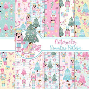 May include: A collection of seamless patterns featuring a Nutcracker theme. The patterns include illustrations of nutcrackers, Christmas trees, ballerinas, and other festive elements in pastel colors like pink, blue, and yellow. The text "Nutcracker Seamless Pattern" is displayed.