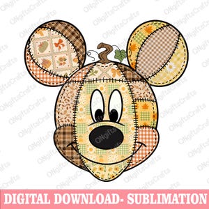 Puede incluir: Un diseño de sublimación de descarga digital que presenta una cabeza de Mickey Mouse al estilo patchwork. El diseño incorpora colores y patrones otoñales, incluyendo calabazas, hojas y motivos florales. El texto "DIGITAL DOWNLOAD- SUBLIMATION" está en la parte inferior.