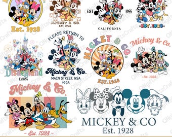 May include: A collection of Mickey Mouse and friends graphics in various designs. The images include Mickey, Minnie, Donald, Goofy, and Pluto, with text that reads "Mickey & Co. Est. 1928" and "Disneyland Est. 1955". The bottom text reads "Mickey and Co Bundle".