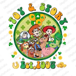 May include: A green, yellow, and orange circle with the words "Toy & Story" in a retro font. Inside the circle are characters from the Toy Story movies, including Woody, Buzz Lightyear, Jessie, and Rex. The text "Est. 1995" is below the circle.