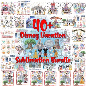 May include: A collection of Disney-themed sublimation designs. The image features various Disney characters, castles, and park icons. Text includes "40+ Disney Vacation Sublimation Bundle", "Walt Disney World", and "Main Street". The designs are colorful and suitable for various projects.
