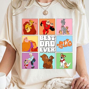 May include: A white t-shirt with a colorful grid of cartoon characters from Disney movies. The grid says "Best Dad Ever" in the center.