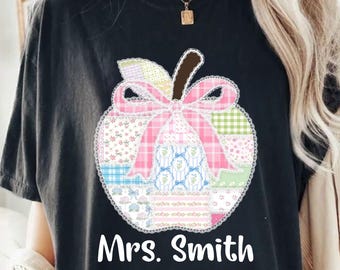 Personalized Teacher Apple Sublimation Design, Patchwork Bow Png, Preppy Floral Teacher Png, Teach Love Inspire Png, Teacher Life Shirt