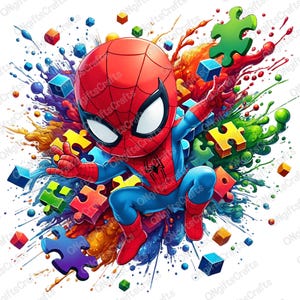 Può includere: Un'illustrazione di cartone animato di Spiderman in un costume rosso e blu, che salta sopra pezzi di puzzle colorati e schizzi di vernice.