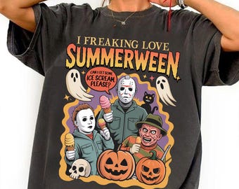 Summerween png, zomer Halloween png, I Freaking Love Summer png, horrorpersonages, Halloween in de zomer png, grappig spookachtig seizoensshirt