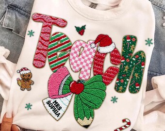 Personalized Christmas Teacher PNG: Coquette Bow, Latch Hook Yarn (Digital Download)