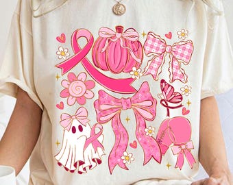 Breast Cancer Ghost Coquette Bow Png, Breast Cancer Awareness Png, Pink Ribbon Pumpkin Ghost Bow Design, October Preppy Sublimation Design