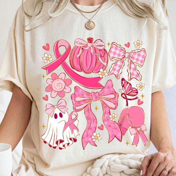 Breast Cancer Ghost Coquette Bow Png, Breast Cancer Awareness Png, Pink Ribbon Pumpkin Ghost Bow Design, October Preppy Sublimation Design