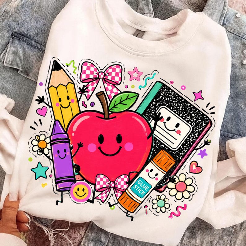 May include: A white sweatshirt featuring a colorful graphic print of a smiling red apple surrounded by school supplies including a yellow pencil, a purple crayon, a black and white composition notebook, and an orange glue stick with text.